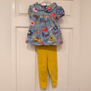 Baby Boden Blue Spring Birds Top with Yellow/Green Leggings, Sz 18-24m